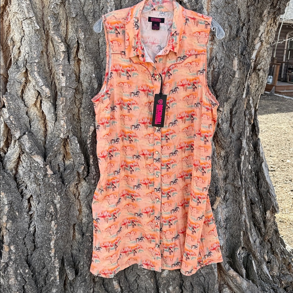 Rock & roll denim desert horse print sleeveless dress snap button down